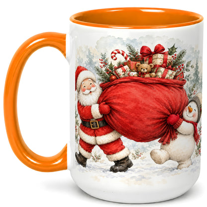 #pl[15oz|Orange] Santa Snowman Christmas Coffee Mug, Holiday Friends Mug, Ceramic Cup