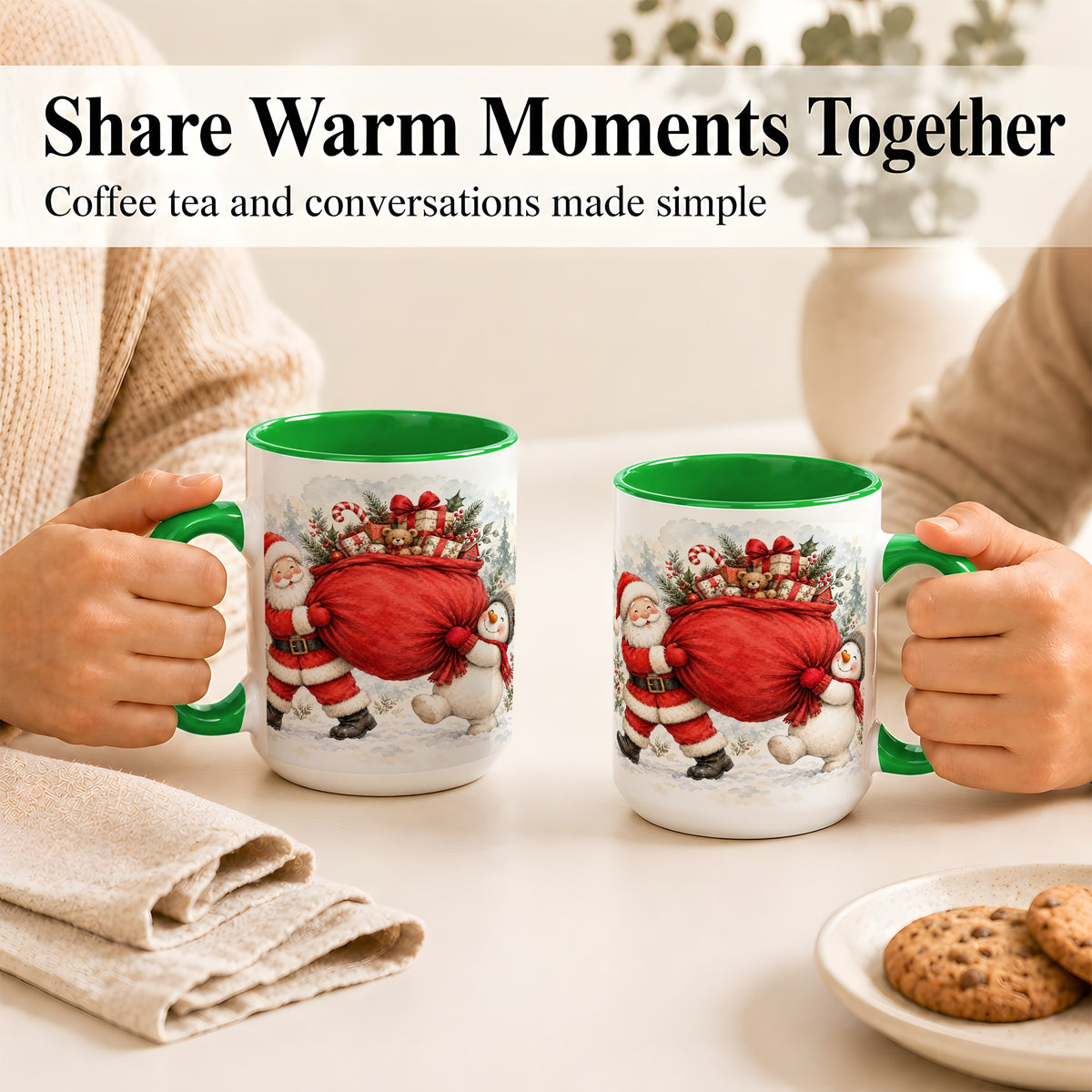 #pl[15oz|Green] Santa Snowman Christmas Coffee Mug, Holiday Friends Mug, Ceramic Cup