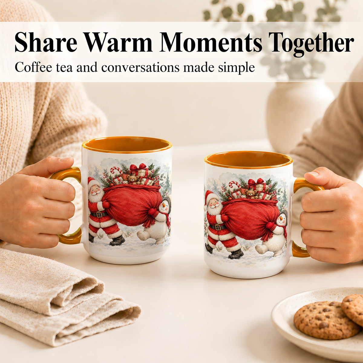 #pl[15oz|Orange] Santa Snowman Christmas Coffee Mug, Holiday Friends Mug, Ceramic Cup