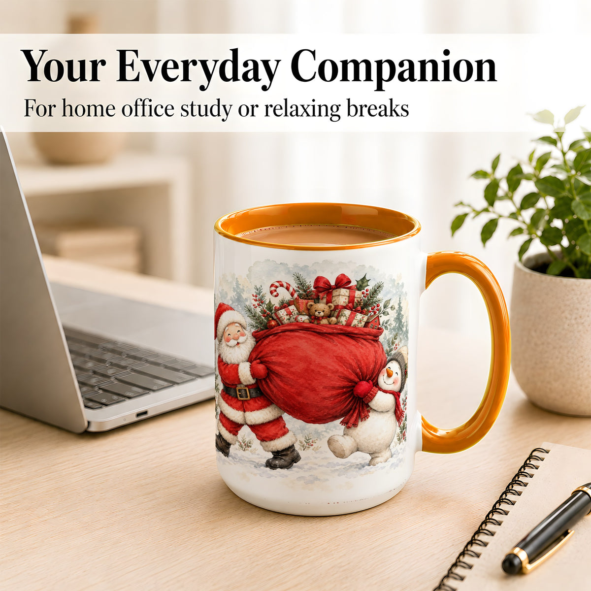 #pl[15oz|Orange] Santa Snowman Christmas Coffee Mug, Holiday Friends Mug, Ceramic Cup