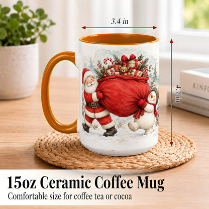 #pl[15oz|Orange] Santa Snowman Christmas Coffee Mug, Holiday Friends Mug, Ceramic Cup