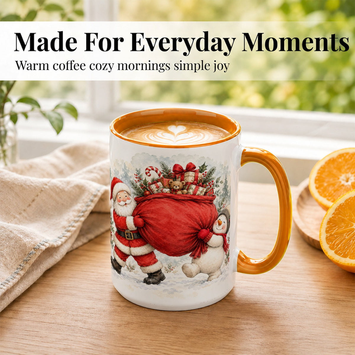 #pl[15oz|Orange] Santa Snowman Christmas Coffee Mug, Holiday Friends Mug, Ceramic Cup
