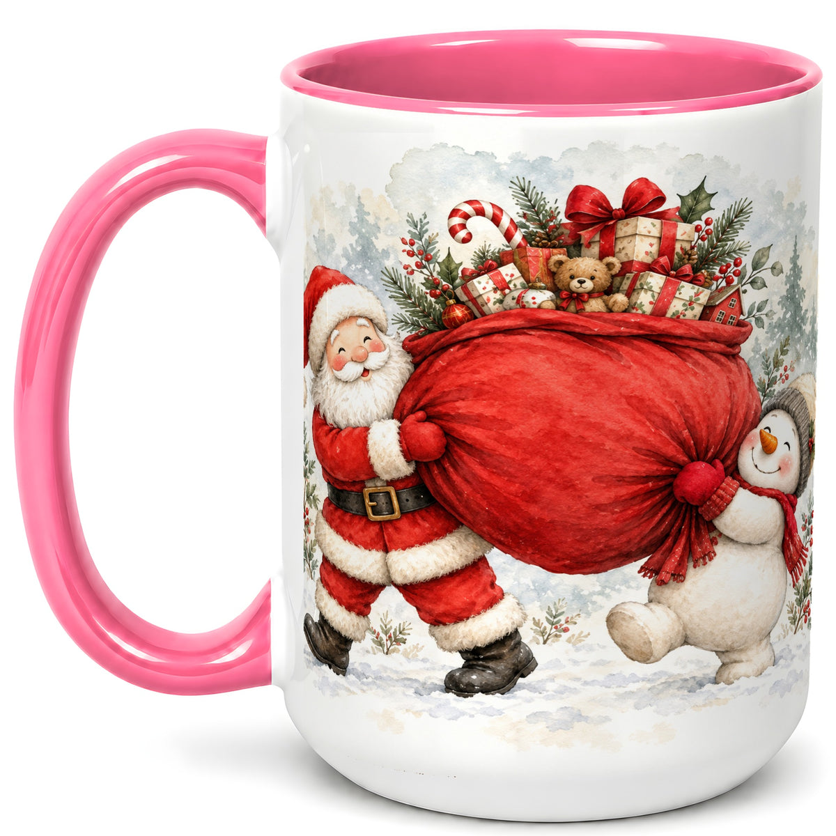 #pl[15oz|Pink] Santa Snowman Christmas Coffee Mug, Holiday Friends Mug, Ceramic Cup