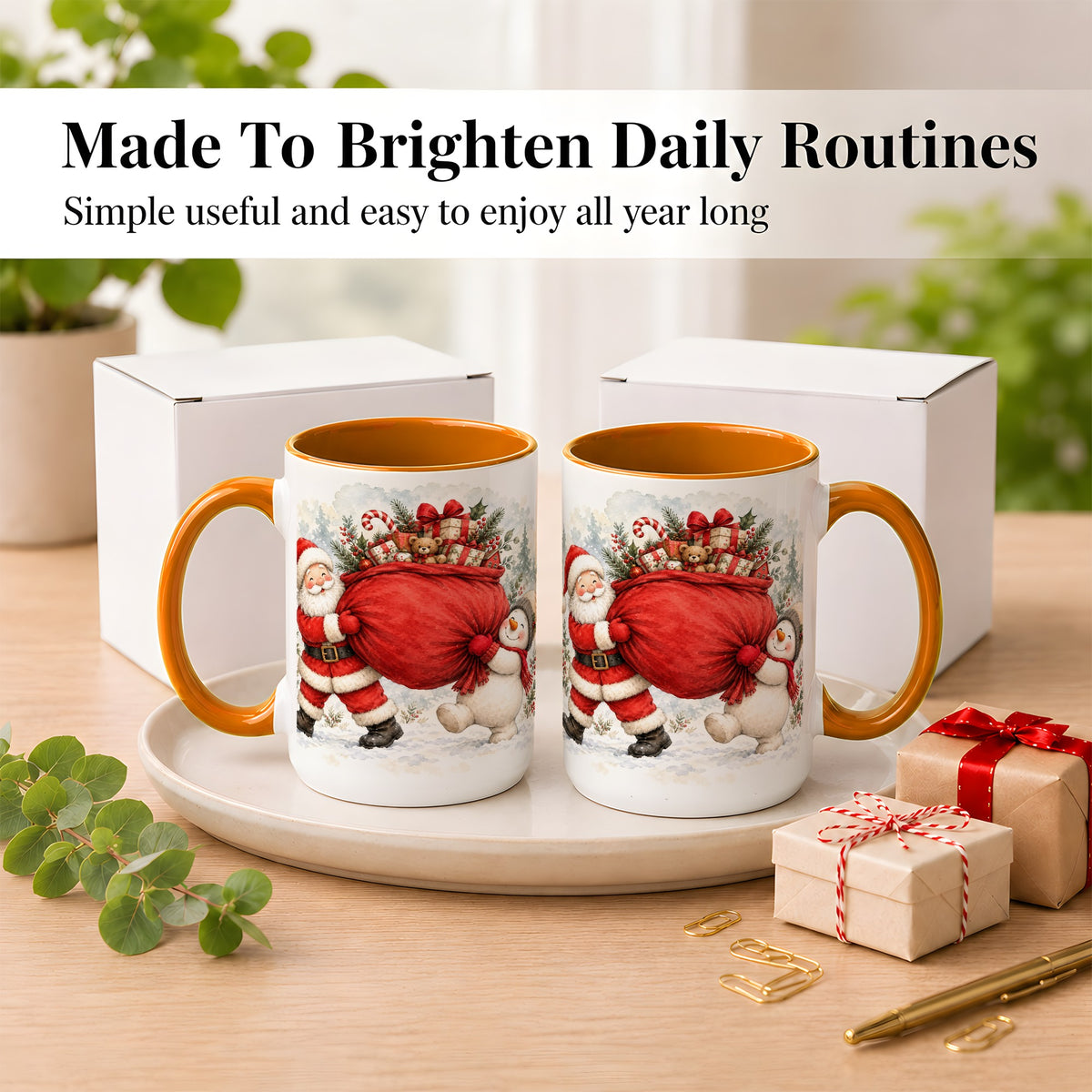 #pl[15oz|Orange] Santa Snowman Christmas Coffee Mug, Holiday Friends Mug, Ceramic Cup