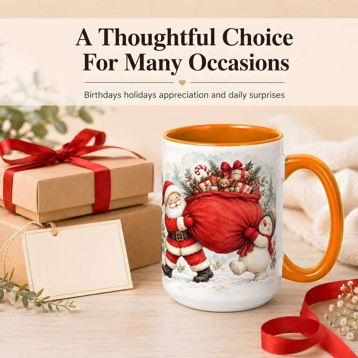 #pl[15oz|Orange] Santa Snowman Christmas Coffee Mug, Holiday Friends Mug, Ceramic Cup