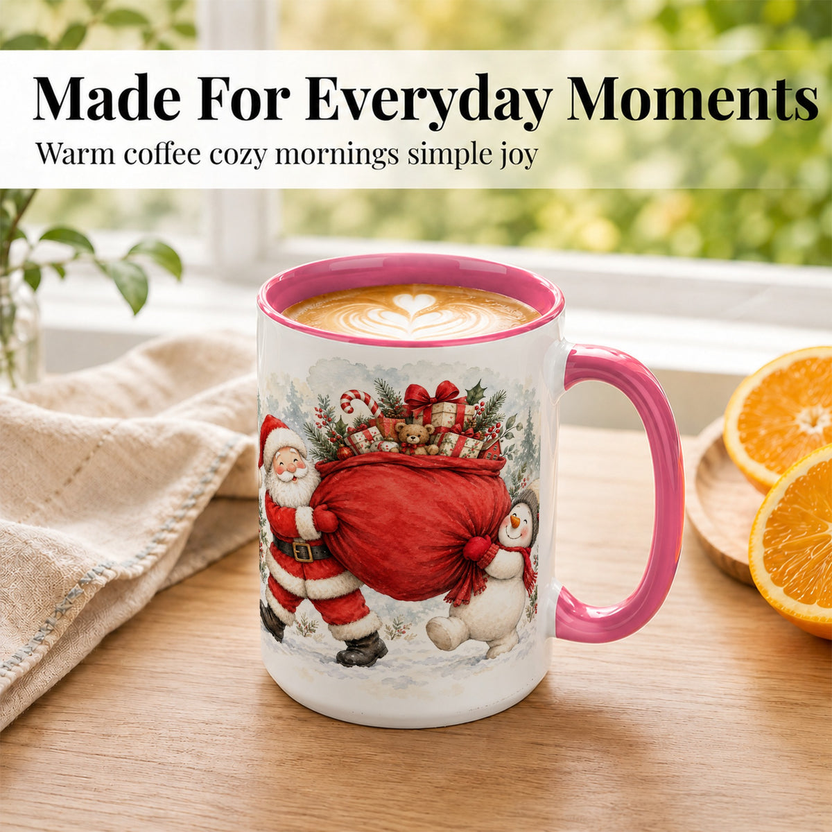 #pl[15oz|Pink] Santa Snowman Christmas Coffee Mug, Holiday Friends Mug, Ceramic Cup
