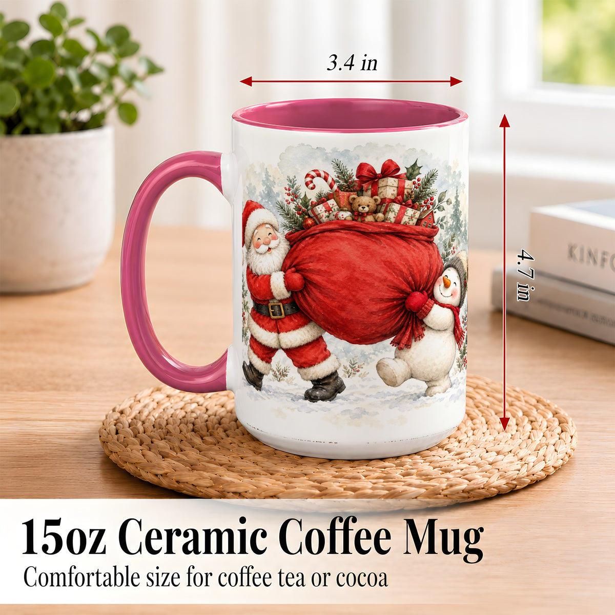 #pl[15oz|Pink] Santa Snowman Christmas Coffee Mug, Holiday Friends Mug, Ceramic Cup