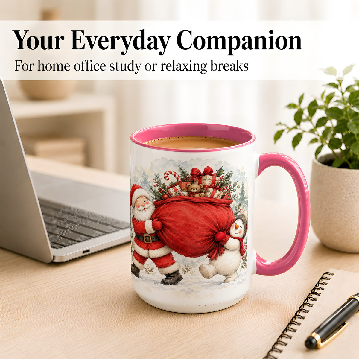 #pl[15oz|Pink] Santa Snowman Christmas Coffee Mug, Holiday Friends Mug, Ceramic Cup