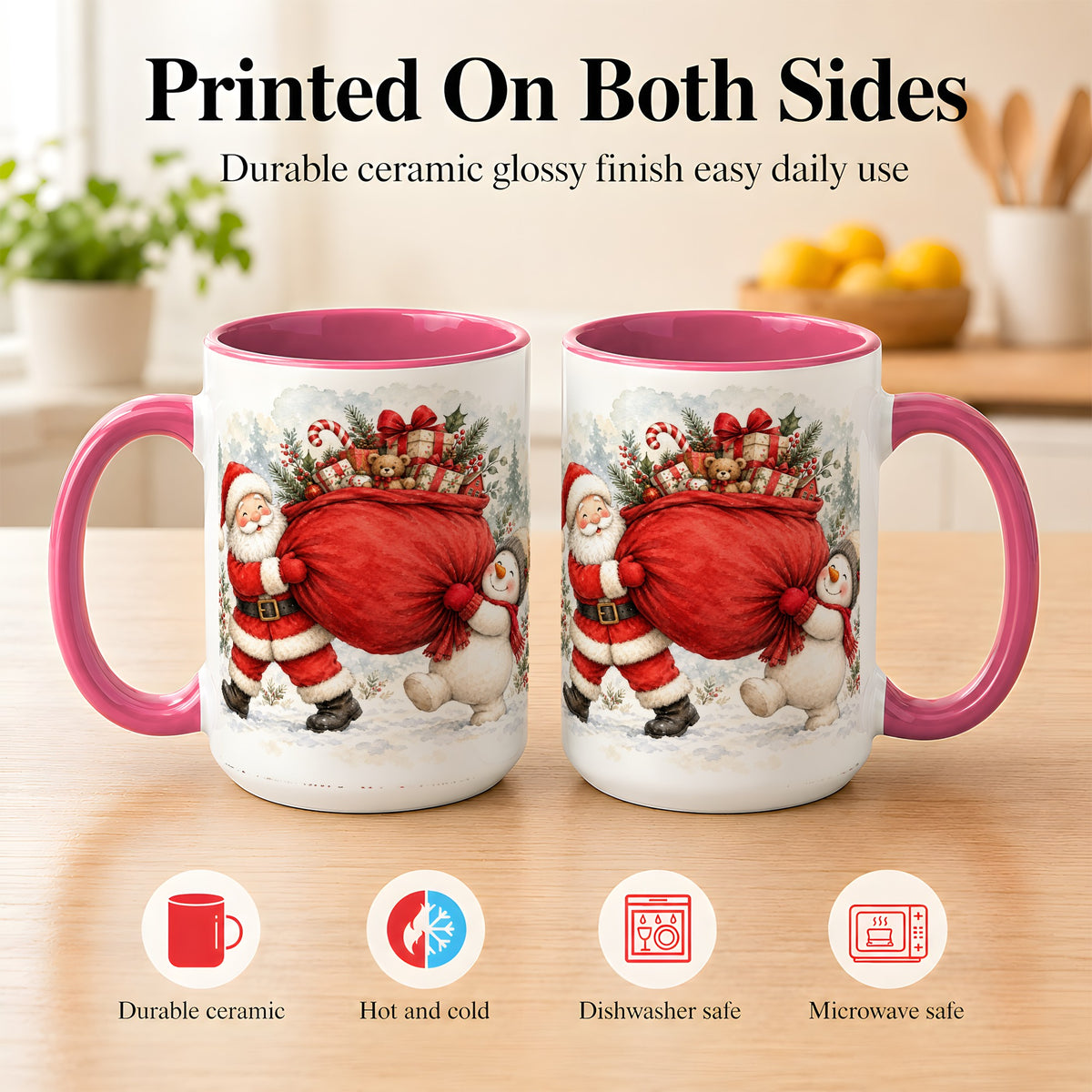 #pl[15oz|Pink] Santa Snowman Christmas Coffee Mug, Holiday Friends Mug, Ceramic Cup