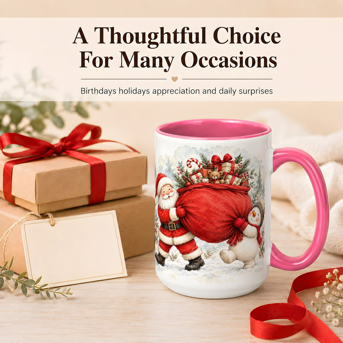 #pl[15oz|Pink] Santa Snowman Christmas Coffee Mug, Holiday Friends Mug, Ceramic Cup