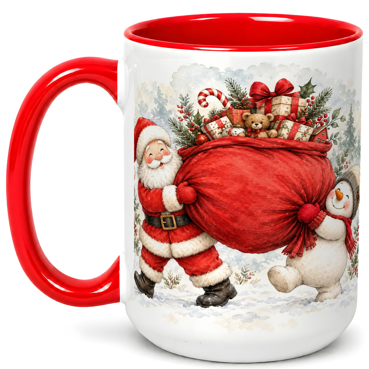 #pl[15oz|Red] Santa Snowman Christmas Coffee Mug, Holiday Friends Mug, Ceramic Cup