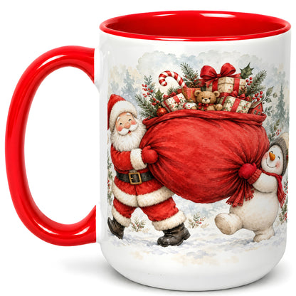 #pl[15oz|Red] Santa Snowman Christmas Coffee Mug, Holiday Friends Mug, Ceramic Cup