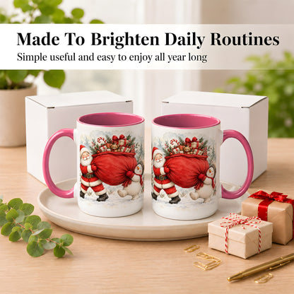 #pl[15oz|Pink] Santa Snowman Christmas Coffee Mug, Holiday Friends Mug, Ceramic Cup