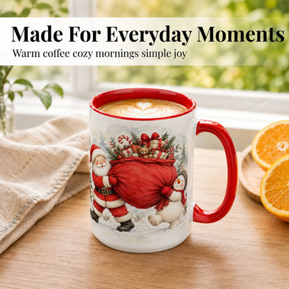 #pl[15oz|Red] Santa Snowman Christmas Coffee Mug, Holiday Friends Mug, Ceramic Cup