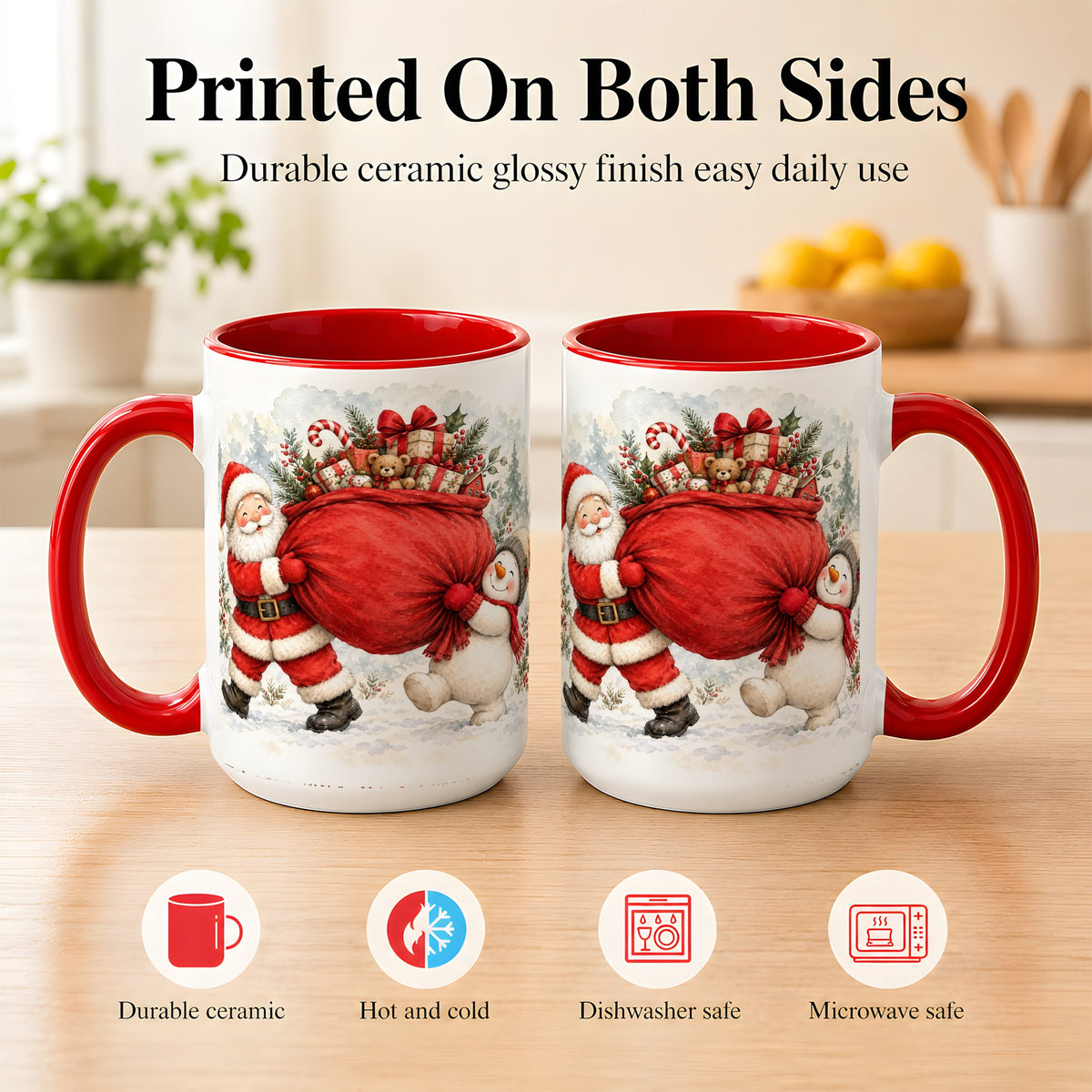 #pl[15oz|Red] Santa Snowman Christmas Coffee Mug, Holiday Friends Mug, Ceramic Cup