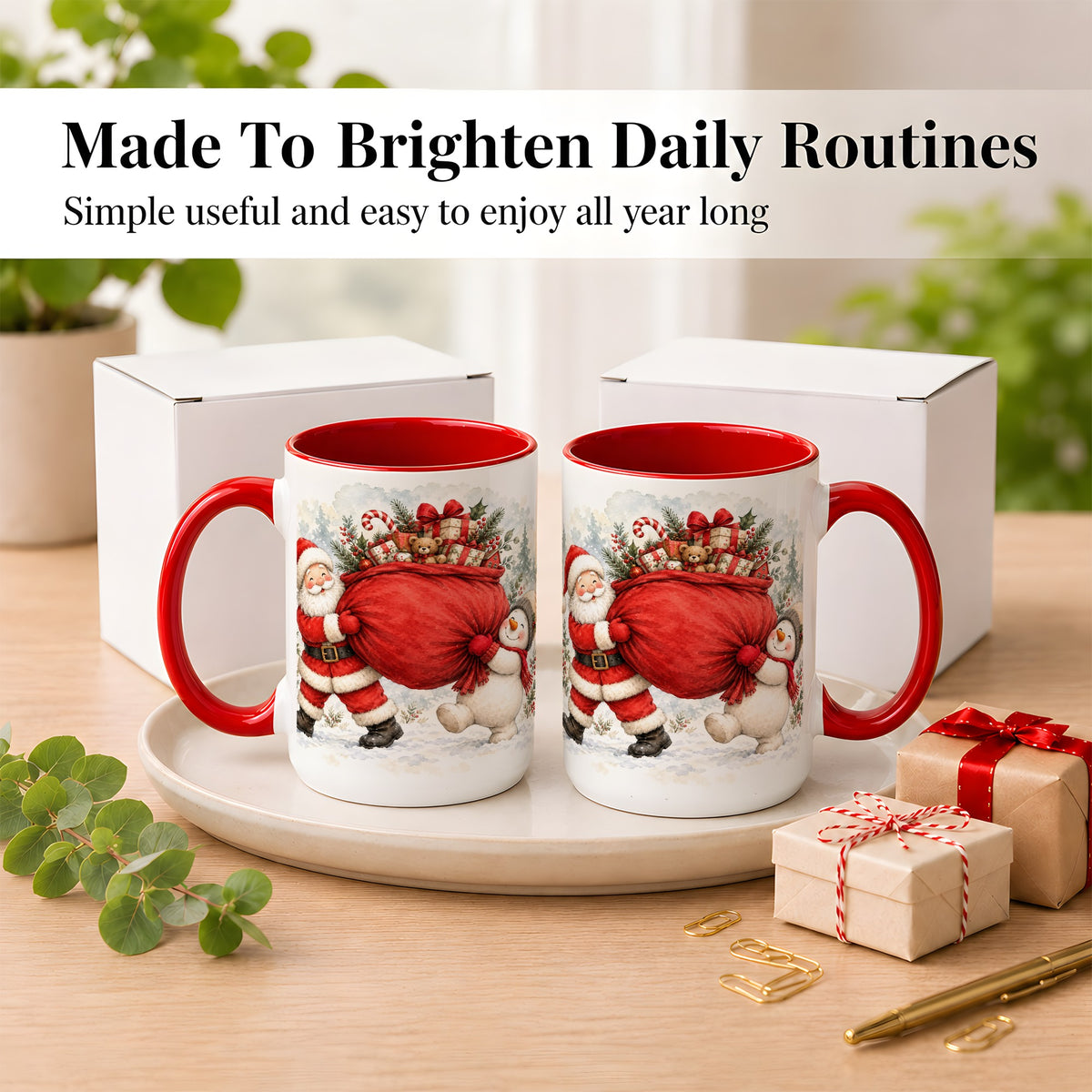 #pl[15oz|Red] Santa Snowman Christmas Coffee Mug, Holiday Friends Mug, Ceramic Cup