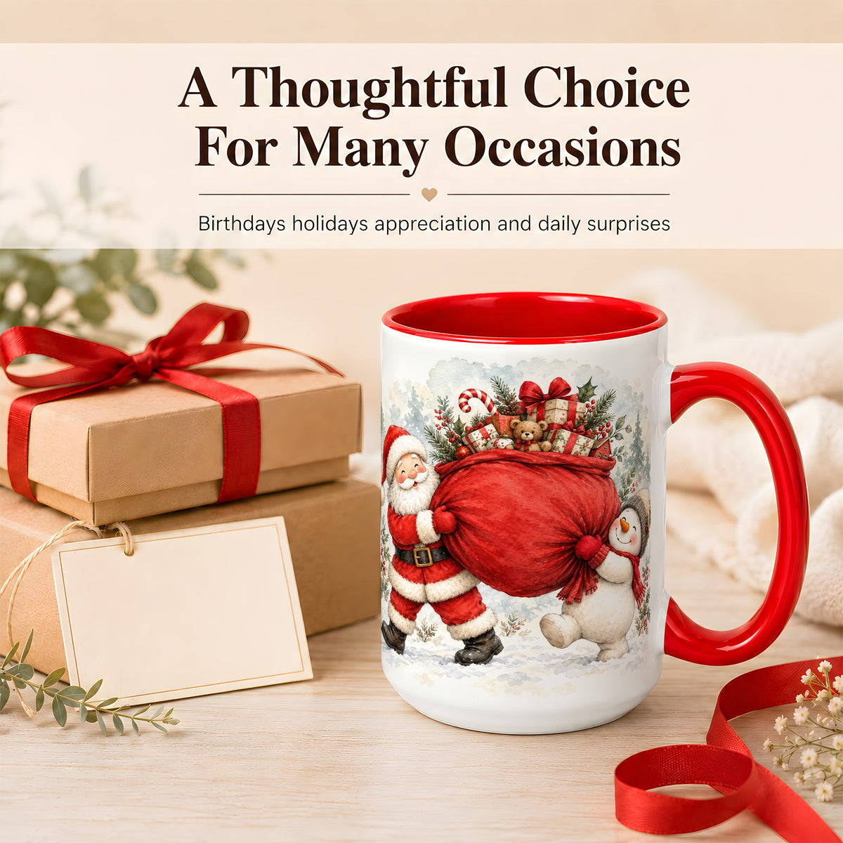 #pl[15oz|Red] Santa Snowman Christmas Coffee Mug, Holiday Friends Mug, Ceramic Cup