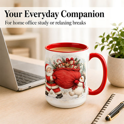 #pl[15oz|Red] Santa Snowman Christmas Coffee Mug, Holiday Friends Mug, Ceramic Cup