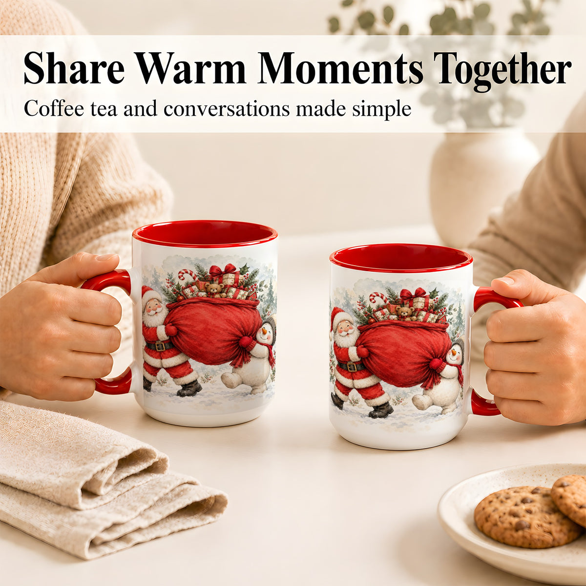 #pl[15oz|Red] Santa Snowman Christmas Coffee Mug, Holiday Friends Mug, Ceramic Cup
