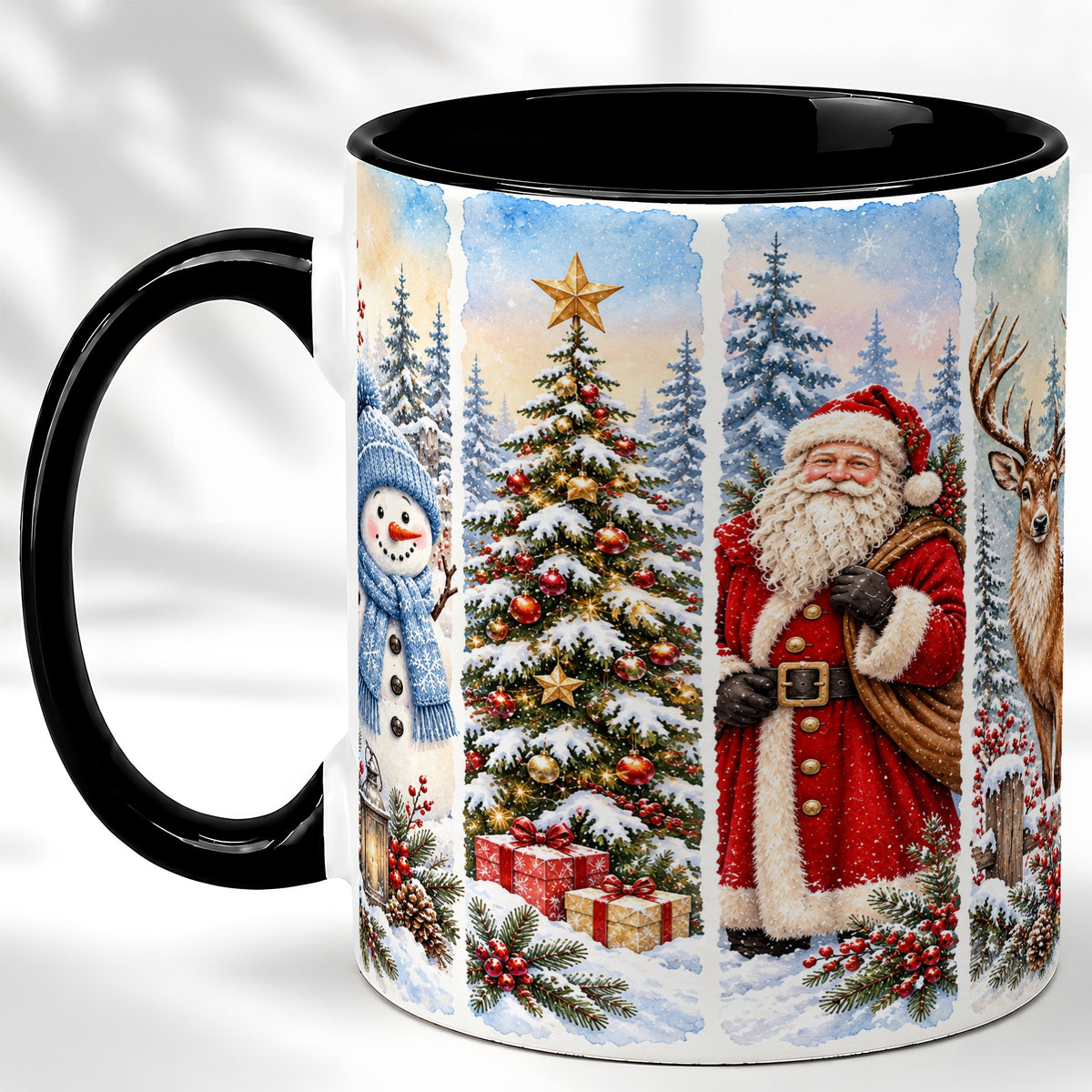 #pl[11oz|Black] Christmas Winter Quartet Coffee Mug, Snowy Holiday Mug, Ceramic Cup