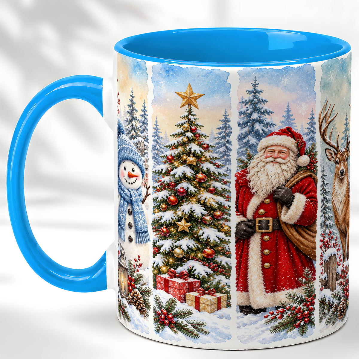 #pl[11oz|Blue] Christmas Winter Quartet Coffee Mug, Snowy Holiday Mug, Ceramic Cup