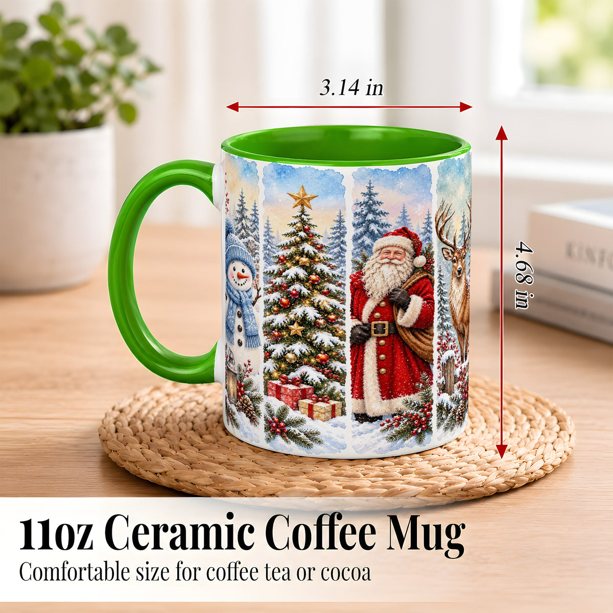 #pl[11oz|Green] Christmas Winter Quartet Coffee Mug, Snowy Holiday Mug, Ceramic Cup