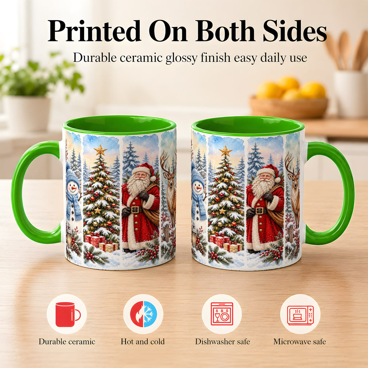 #pl[11oz|Green] Christmas Winter Quartet Coffee Mug, Snowy Holiday Mug, Ceramic Cup