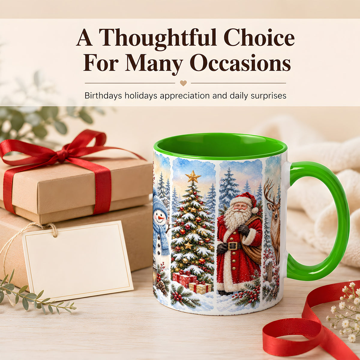 #pl[11oz|Green] Christmas Winter Quartet Coffee Mug, Snowy Holiday Mug, Ceramic Cup