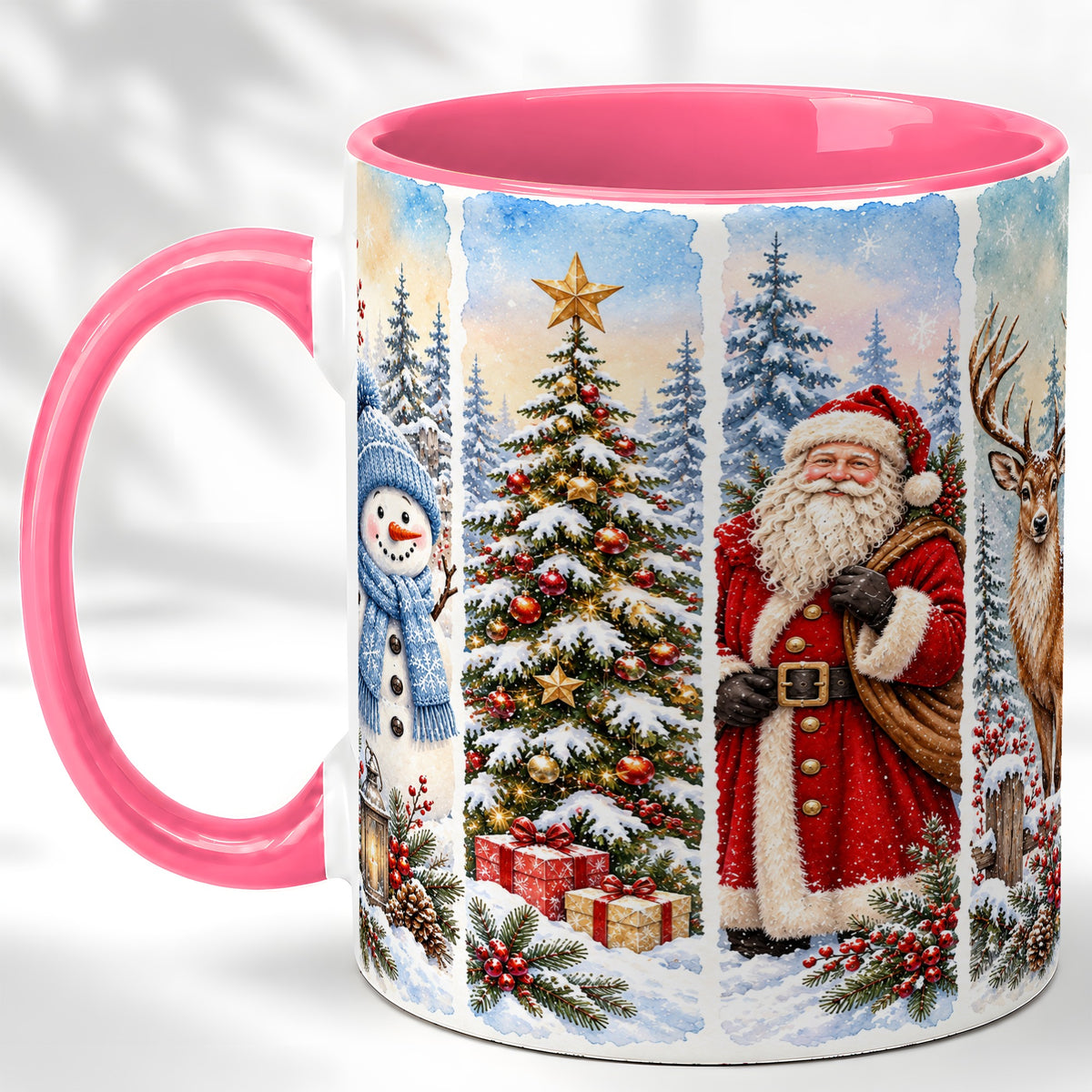 #pl[11oz|Pink] Christmas Winter Quartet Coffee Mug, Snowy Holiday Mug, Ceramic Cup