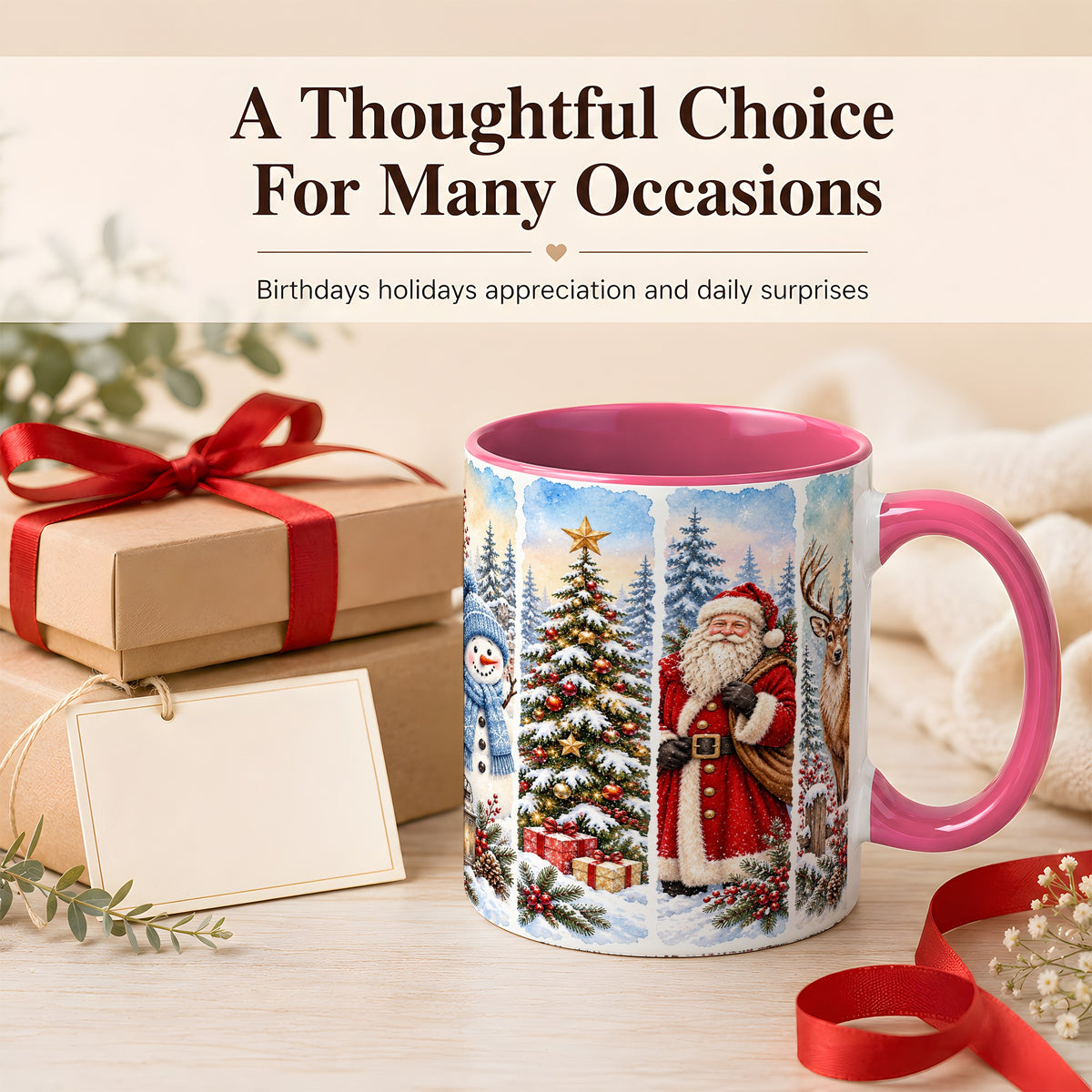 #pl[11oz|Pink] Christmas Winter Quartet Coffee Mug, Snowy Holiday Mug, Ceramic Cup