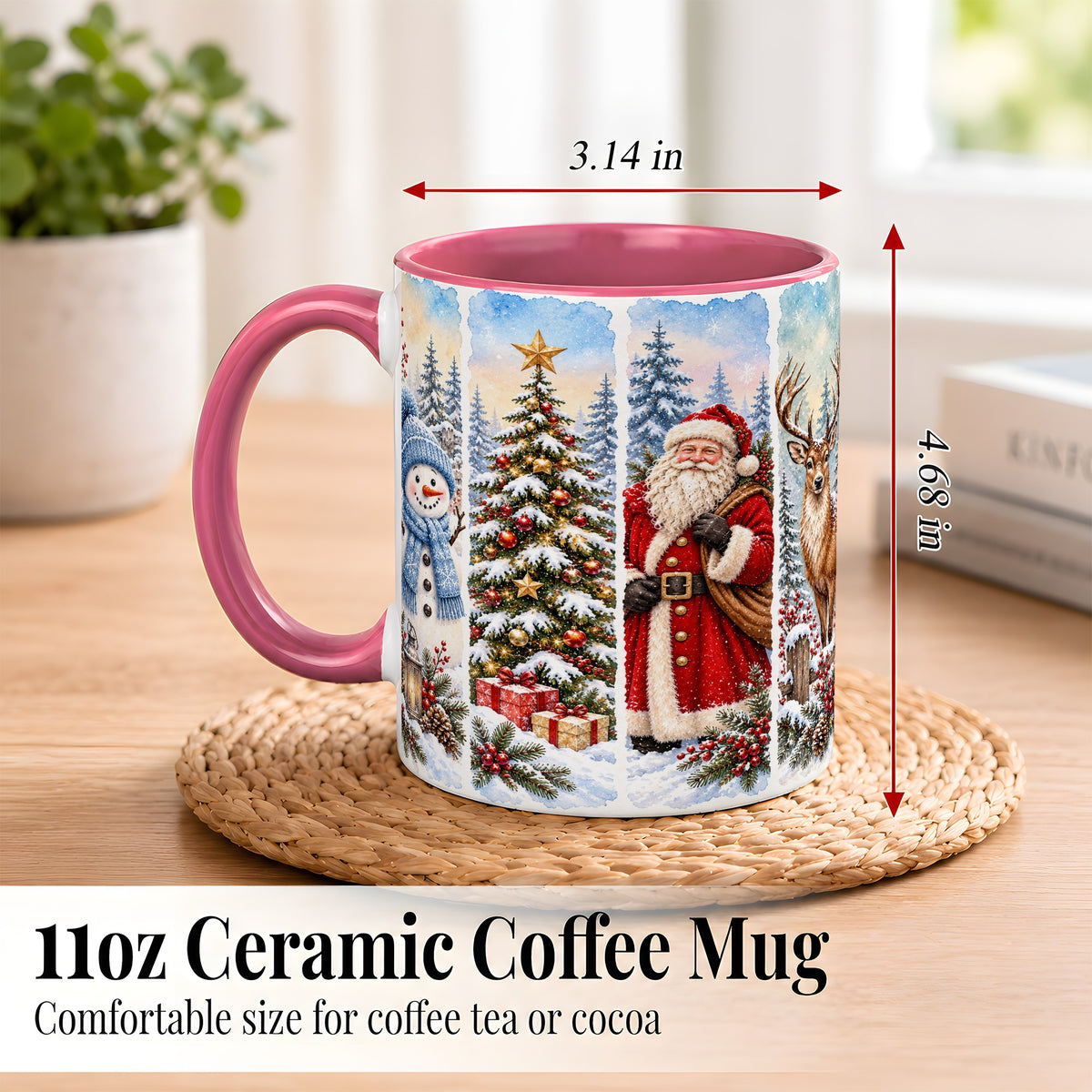 #pl[11oz|Pink] Christmas Winter Quartet Coffee Mug, Snowy Holiday Mug, Ceramic Cup