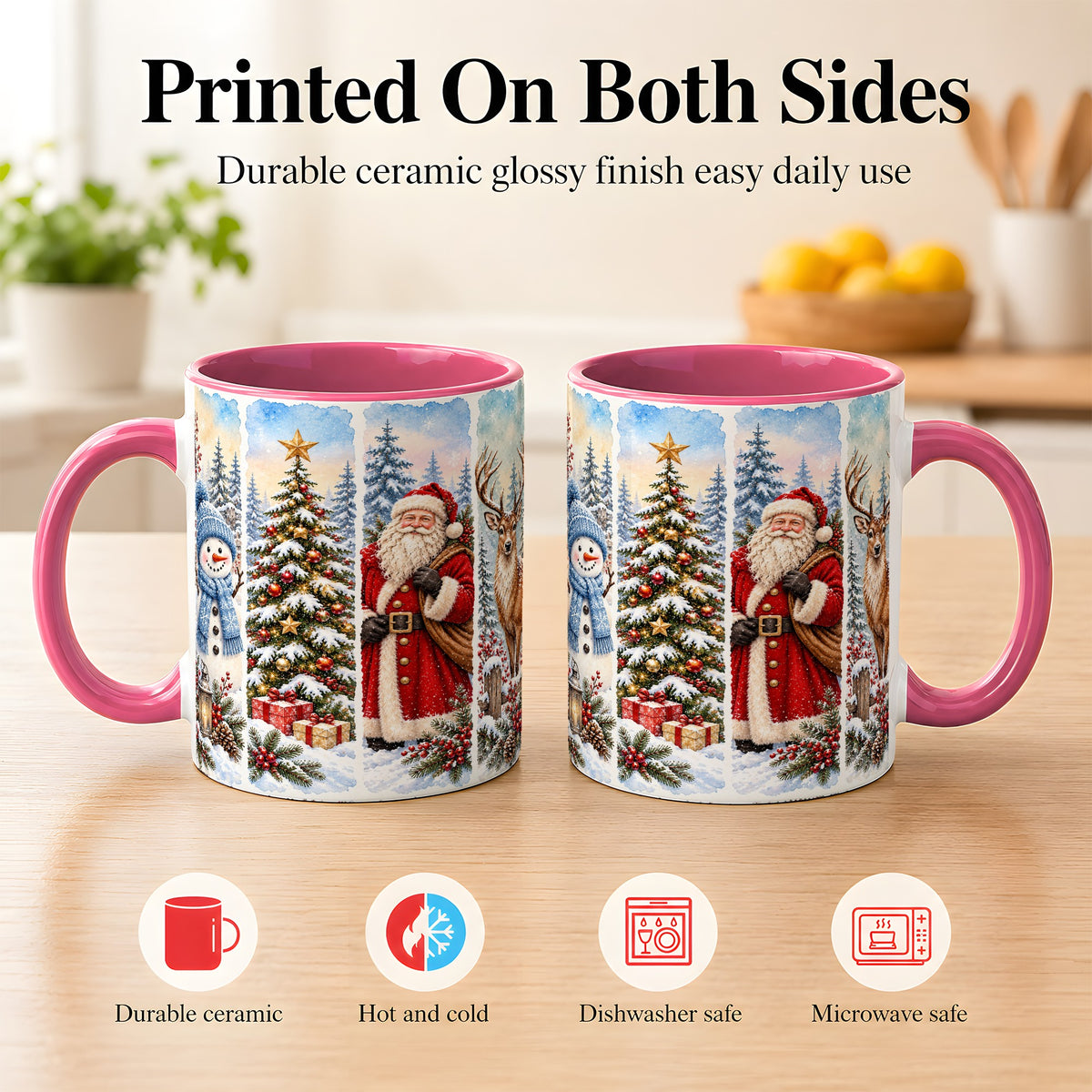 #pl[11oz|Pink] Christmas Winter Quartet Coffee Mug, Snowy Holiday Mug, Ceramic Cup