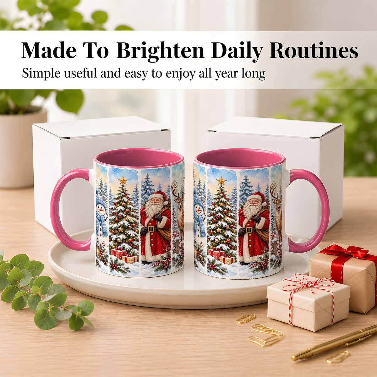 #pl[11oz|Pink] Christmas Winter Quartet Coffee Mug, Snowy Holiday Mug, Ceramic Cup