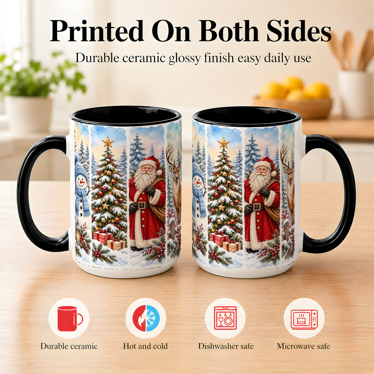 #pl[15oz|Black] Christmas Winter Quartet Coffee Mug, Snowy Holiday Mug, Ceramic Cup