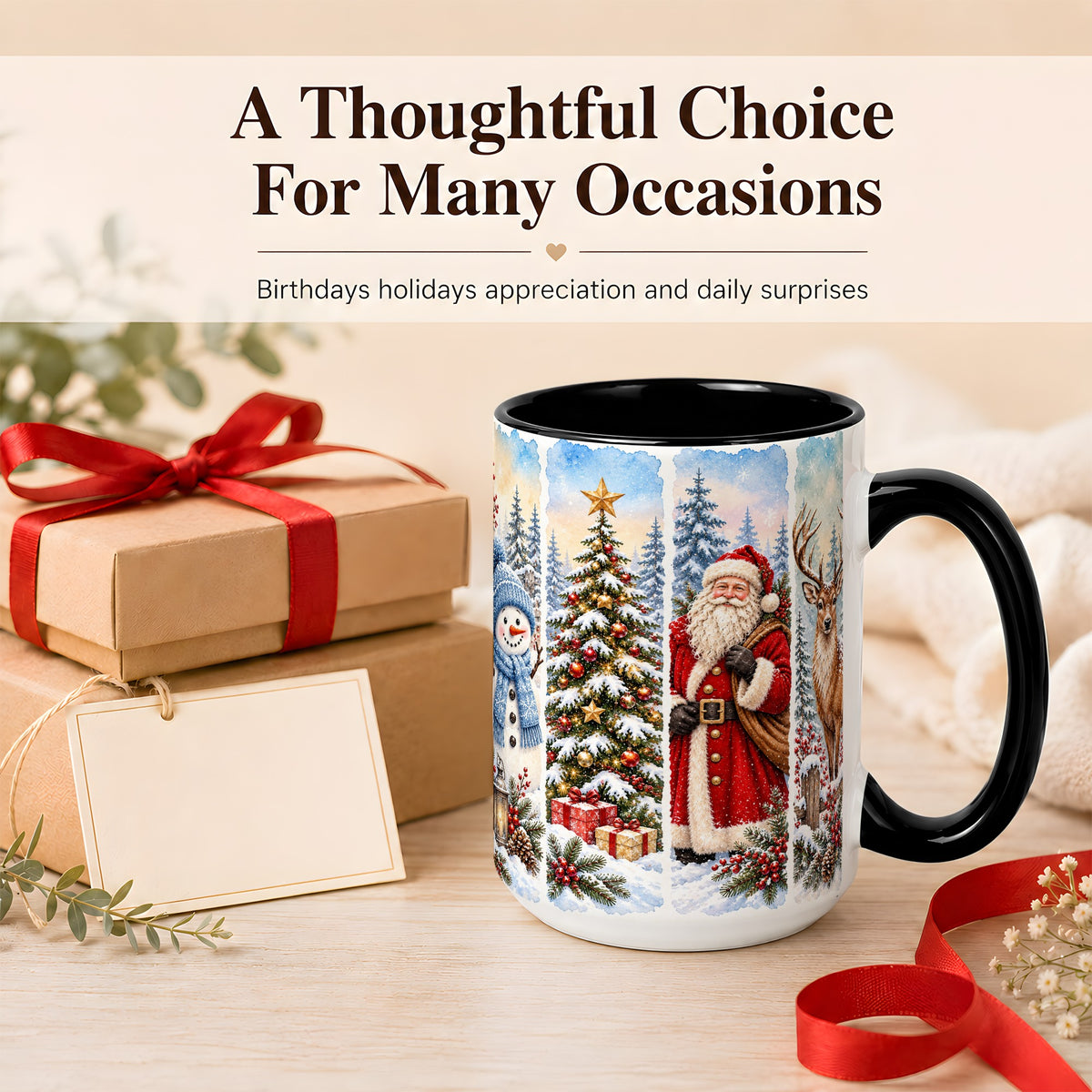 #pl[15oz|Black] Christmas Winter Quartet Coffee Mug, Snowy Holiday Mug, Ceramic Cup