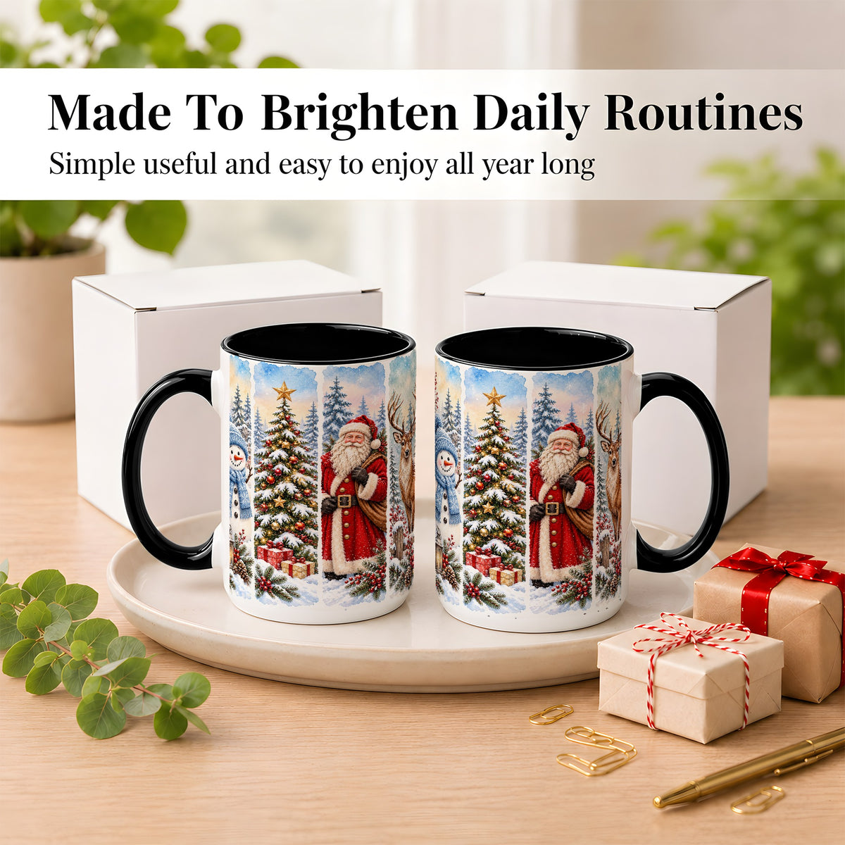 #pl[15oz|Black] Christmas Winter Quartet Coffee Mug, Snowy Holiday Mug, Ceramic Cup