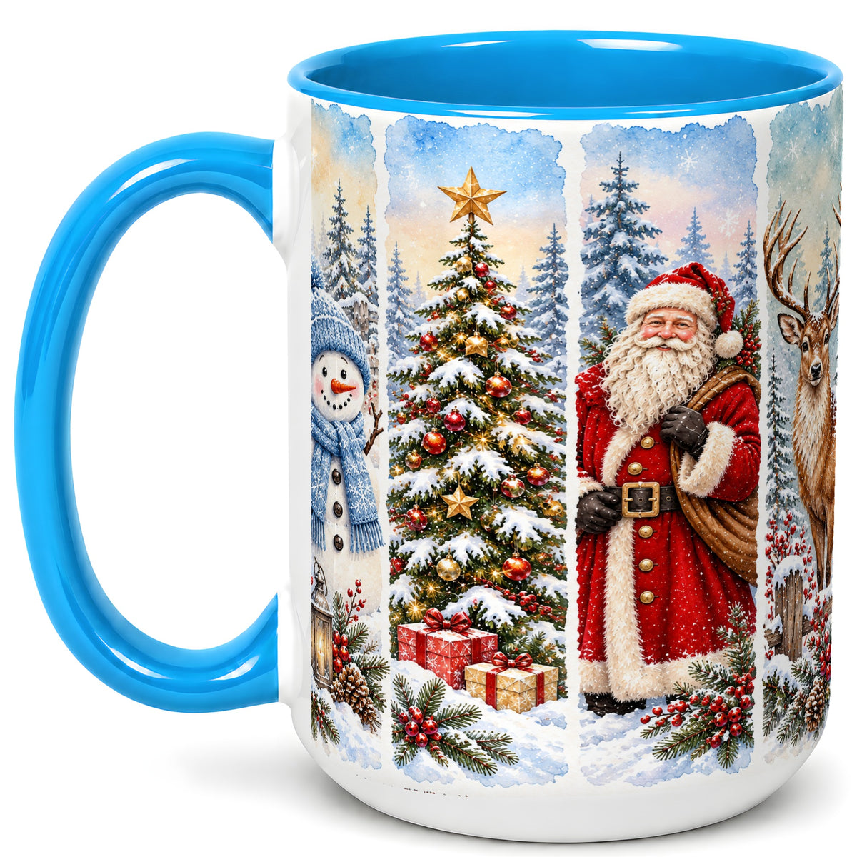 #pl[15oz|Blue] Christmas Winter Quartet Coffee Mug, Snowy Holiday Mug, Ceramic Cup