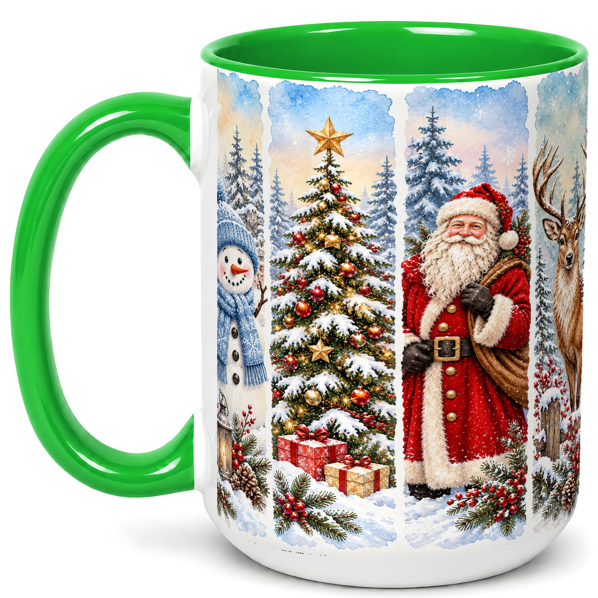 #pl[15oz|Green] Christmas Winter Quartet Coffee Mug, Snowy Holiday Mug, Ceramic Cup
