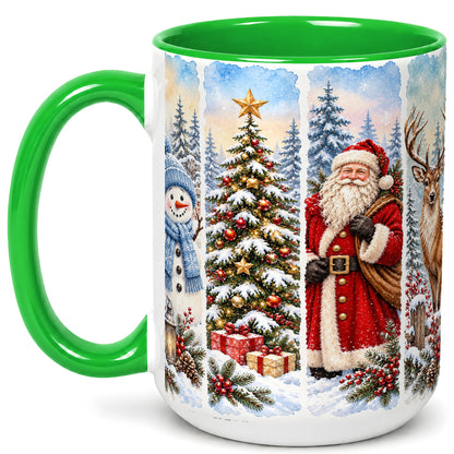 #pl[15oz|Green] Christmas Winter Quartet Coffee Mug, Snowy Holiday Mug, Ceramic Cup