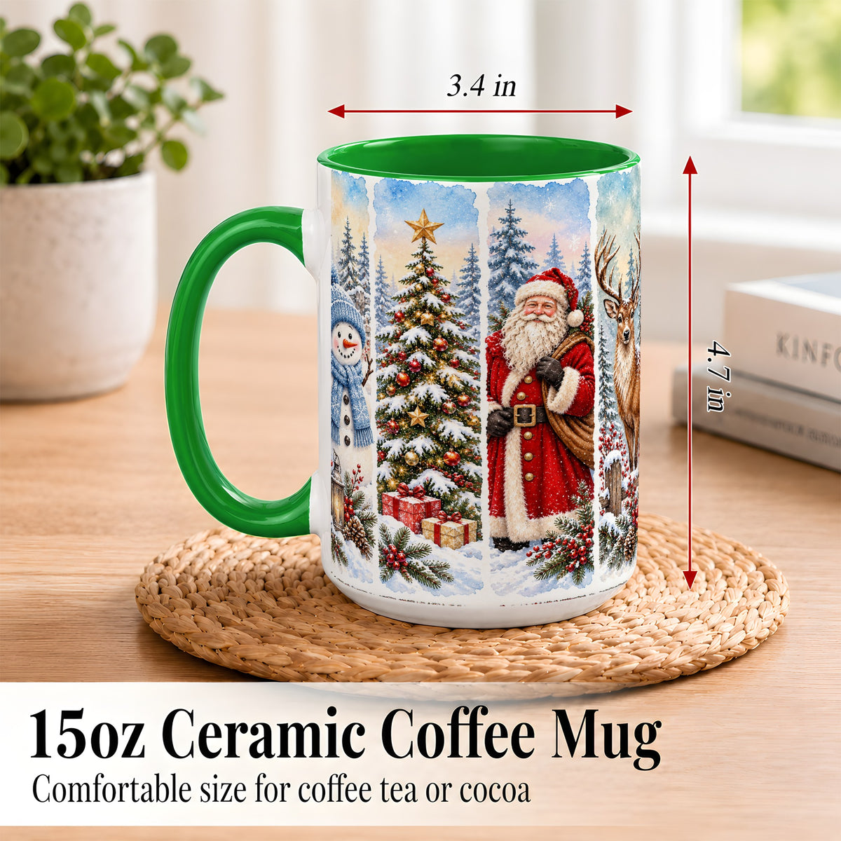 #pl[15oz|Green] Christmas Winter Quartet Coffee Mug, Snowy Holiday Mug, Ceramic Cup