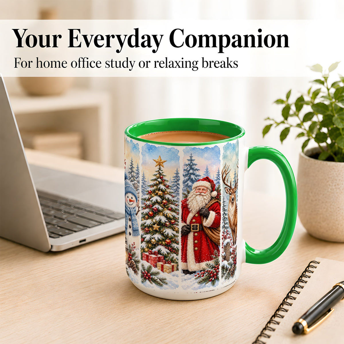 #pl[15oz|Green] Christmas Winter Quartet Coffee Mug, Snowy Holiday Mug, Ceramic Cup