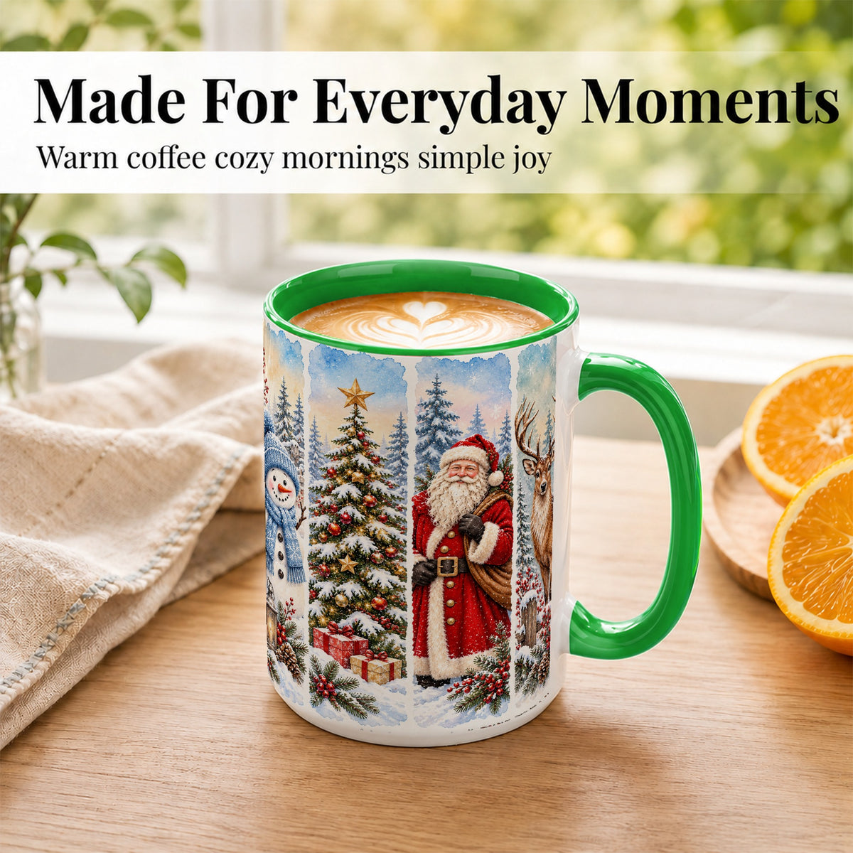 #pl[15oz|Green] Christmas Winter Quartet Coffee Mug, Snowy Holiday Mug, Ceramic Cup