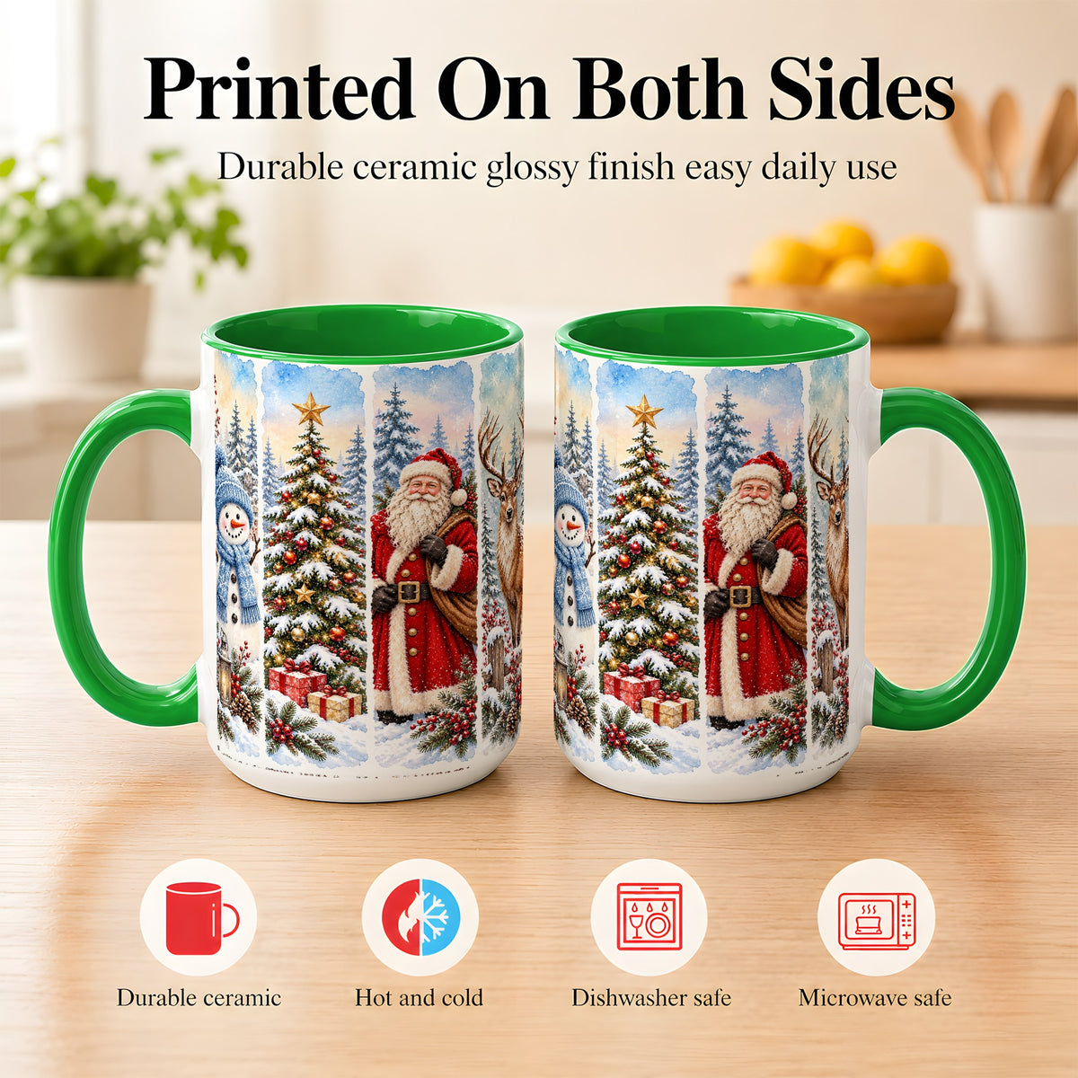 #pl[15oz|Green] Christmas Winter Quartet Coffee Mug, Snowy Holiday Mug, Ceramic Cup