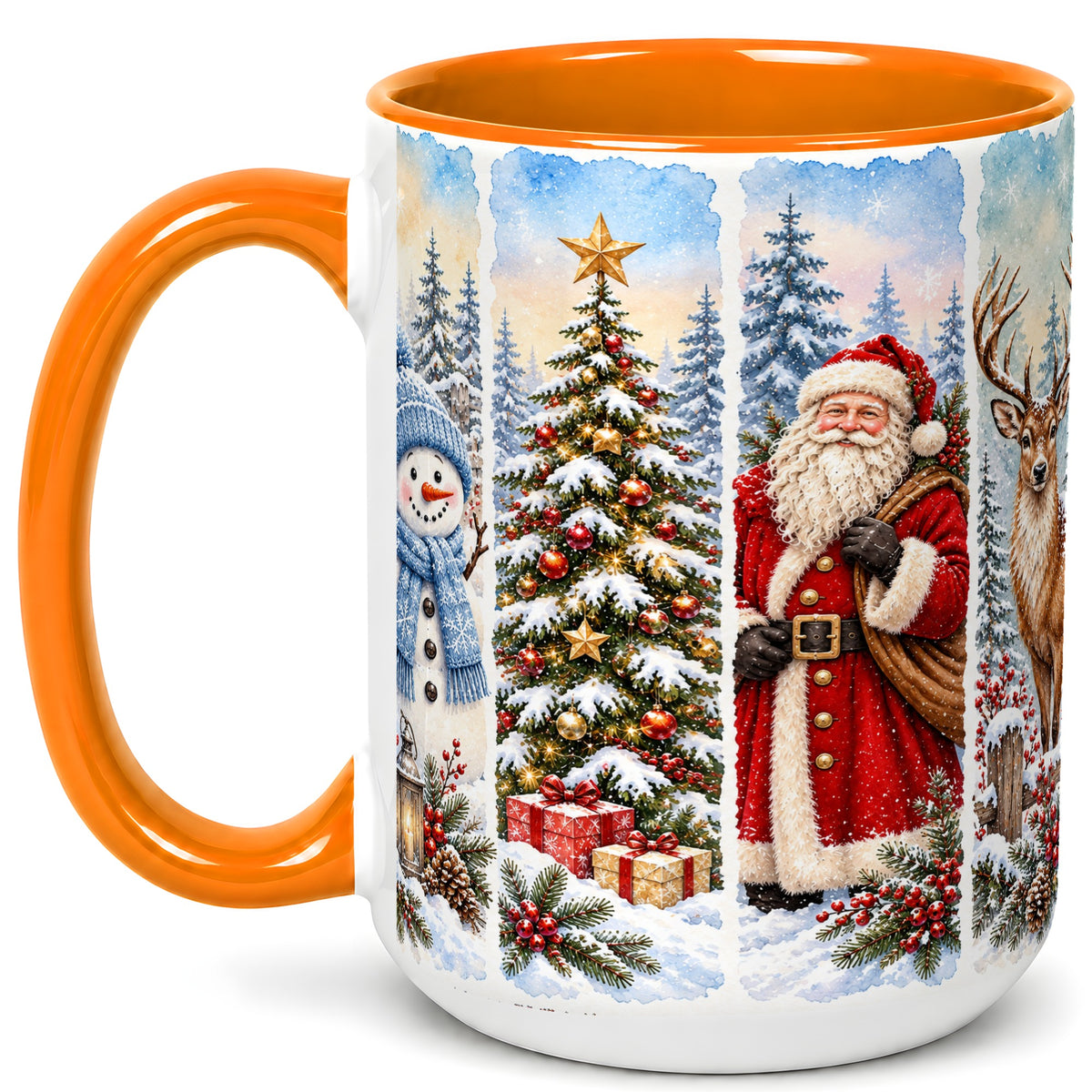 #pl[15oz|Orange] Christmas Winter Quartet Coffee Mug, Snowy Holiday Mug, Ceramic Cup