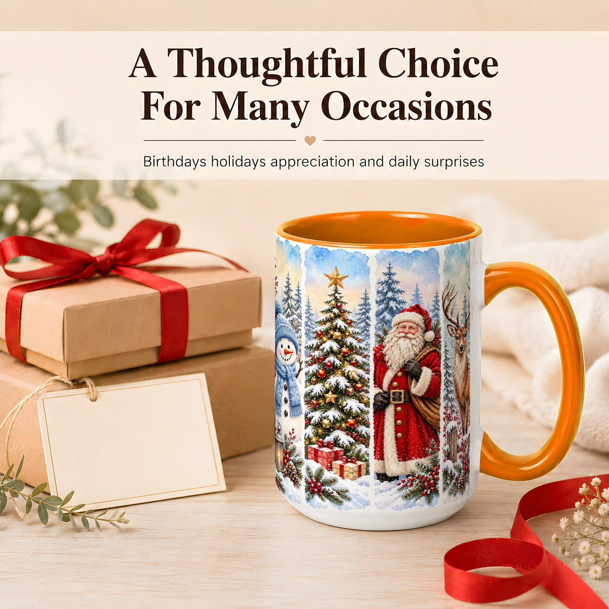 #pl[15oz|Orange] Christmas Winter Quartet Coffee Mug, Snowy Holiday Mug, Ceramic Cup