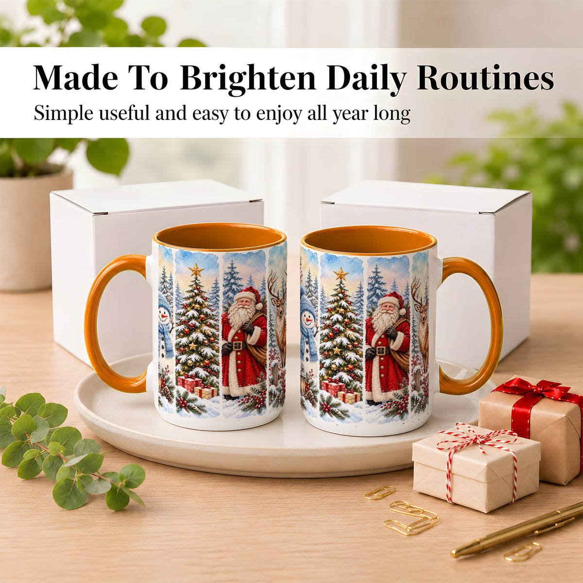 #pl[15oz|Orange] Christmas Winter Quartet Coffee Mug, Snowy Holiday Mug, Ceramic Cup