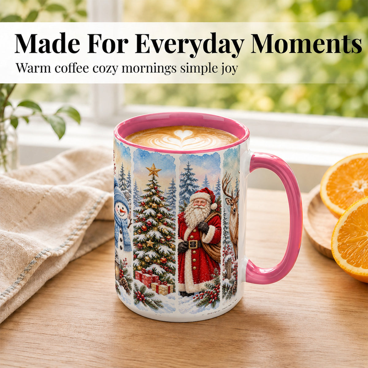 #pl[15oz|Pink] Christmas Winter Quartet Coffee Mug, Snowy Holiday Mug, Ceramic Cup