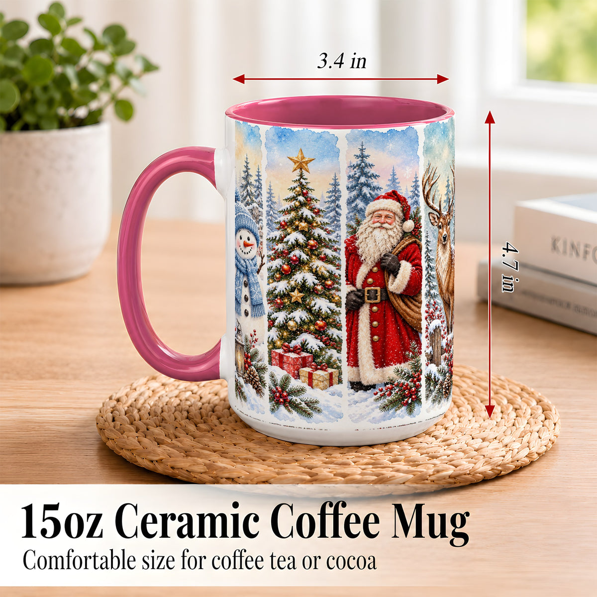 #pl[15oz|Pink] Christmas Winter Quartet Coffee Mug, Snowy Holiday Mug, Ceramic Cup
