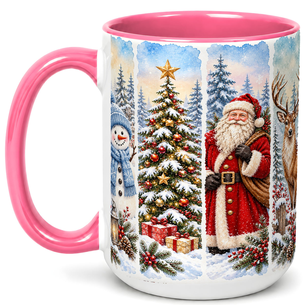 #pl[15oz|Pink] Christmas Winter Quartet Coffee Mug, Snowy Holiday Mug, Ceramic Cup