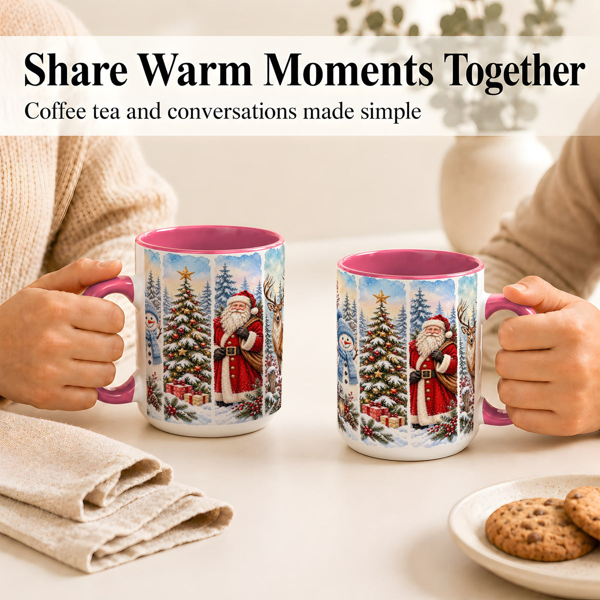 #pl[15oz|Pink] Christmas Winter Quartet Coffee Mug, Snowy Holiday Mug, Ceramic Cup